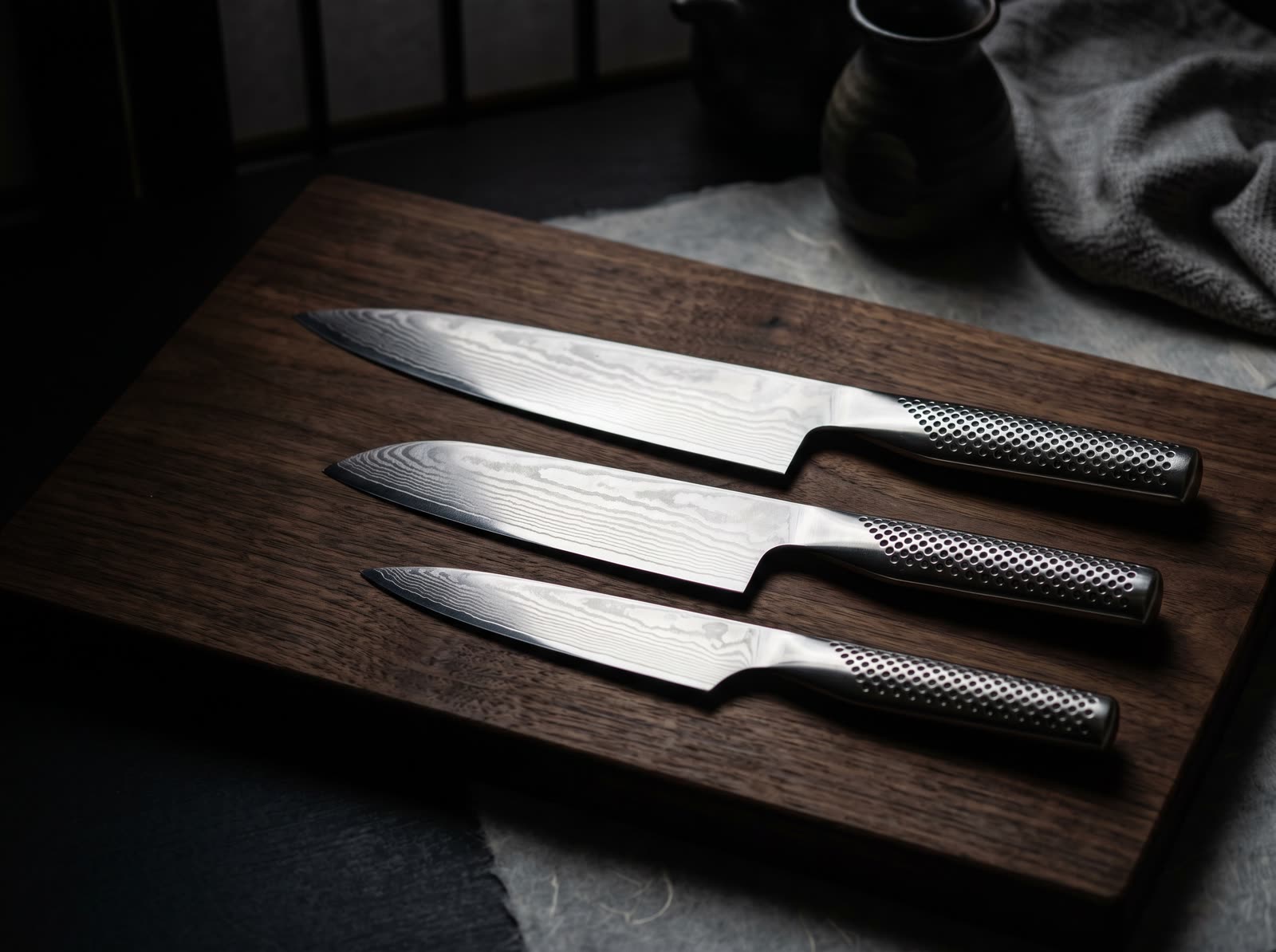 Japanisches Messer-Set Global mit Damast-Stahl-Klingen