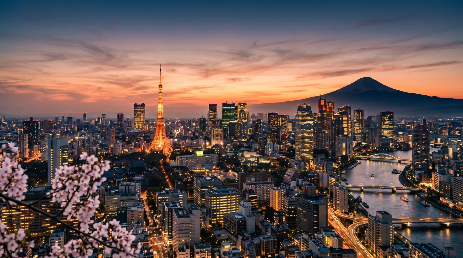 Tokio-Skyline bei Sonnenuntergang mit dem Berg Fuji am Horizont