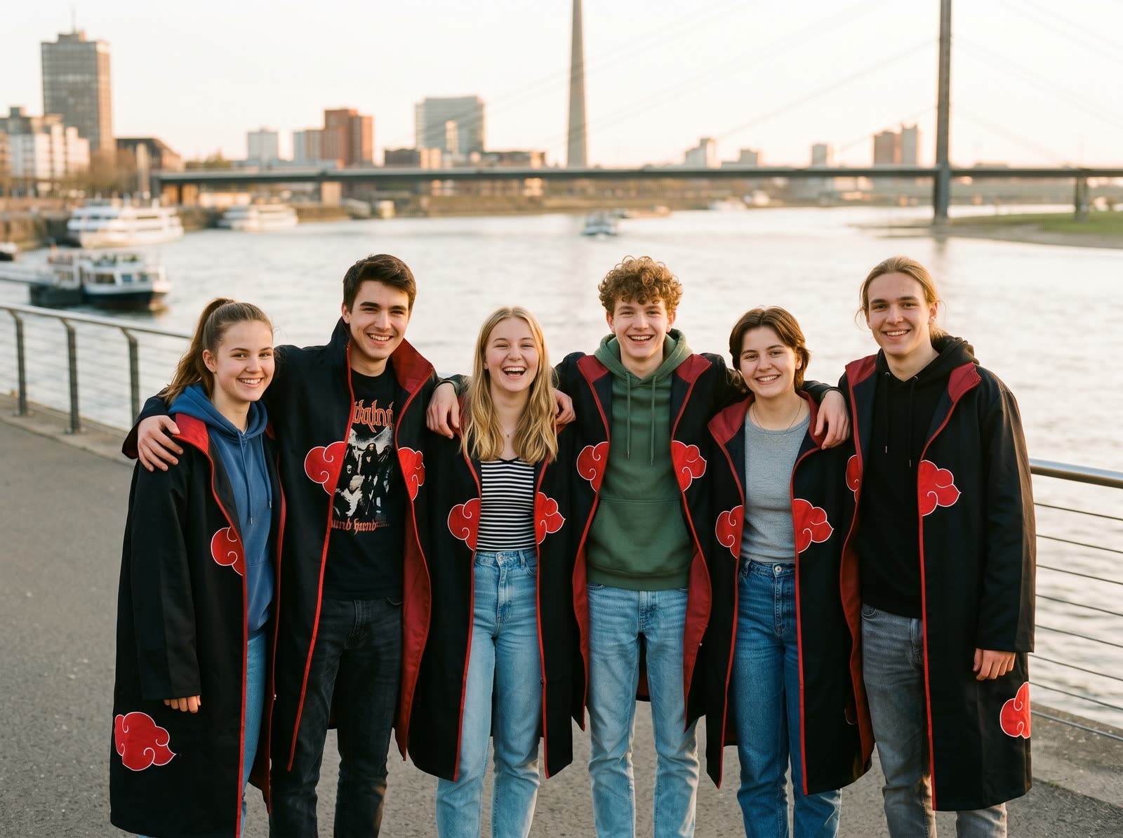 Gruppe der Schüler:innen in Akatsuki-Mänteln am Rheinufer